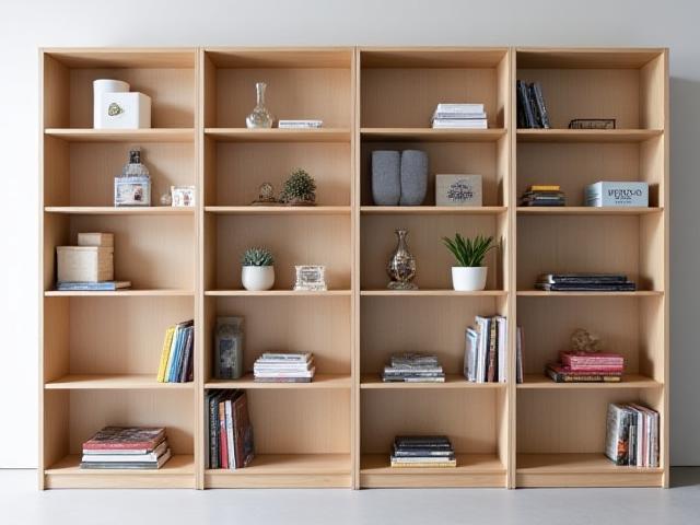 Modulær hylle i lys ask, med justerbare hyller for fleksibel oppbevaring.