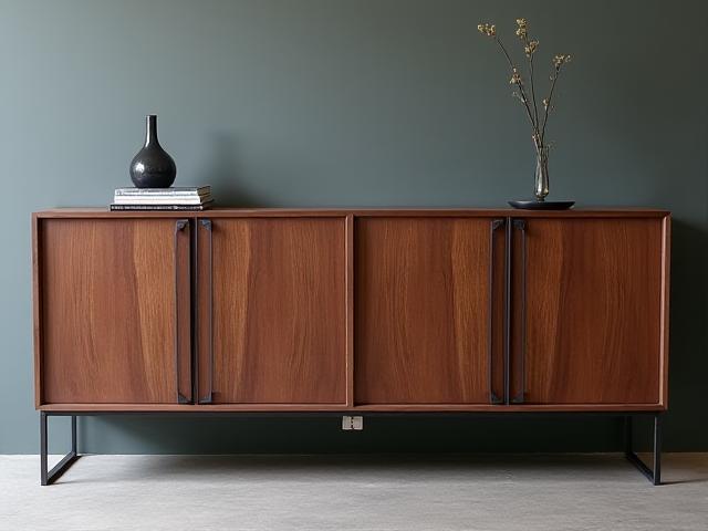 Stilren skjenk i valnøtt med minimalistisk design og integrerte håndtak.