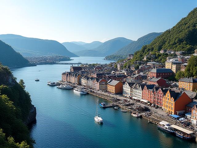 Utsikt over Bergen med Bryggen og fjorden, symboliserer Fjord Gløds tilstedeværelse